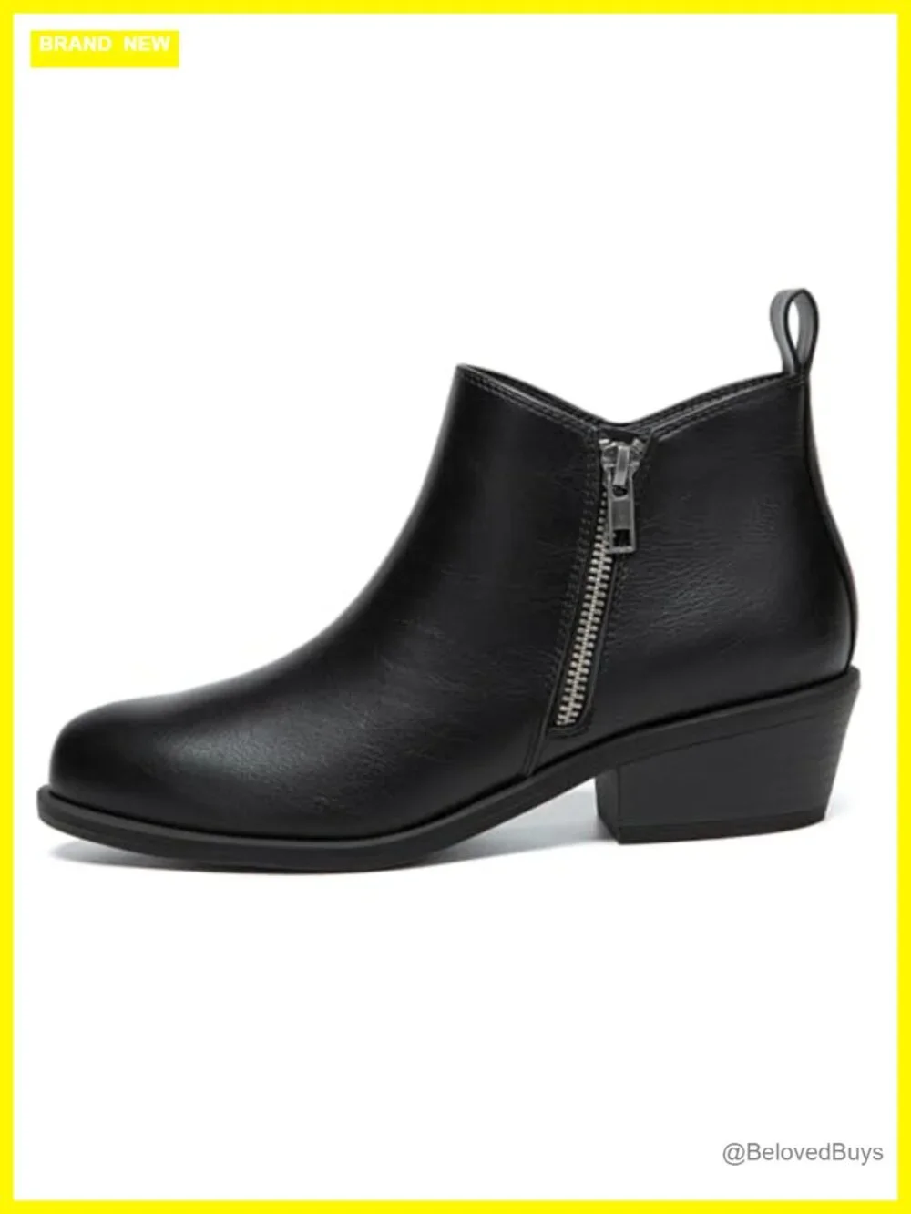 Chunky Low Heel Ankle Boots with Side Zipper PU Leather Round Toe